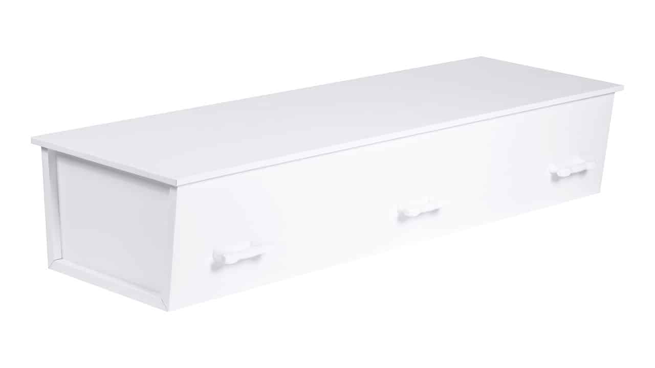 Hvid Orbit-kiste fra Fuglebjerg Kistefabrik med minimalistisk design. | Kongevejens Bedemandsforretning Hvid Orbit – moderne, enkel kiste