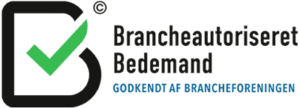 Logo for Brancheautoriseret Bedemand — godkendt af brancheforeningen, featuring a green checkmark inside a stylized'D'.