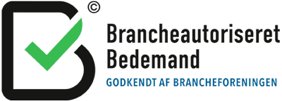 Logo for Brancheautoriseret Bedemand — godkendt af brancheforeningen, featuring a green checkmark inside a stylized 'D'.