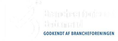Brand logo for Brancheautoriseret Bedemand featuring a white checkmark inside a rounded square on a green background with accreditation text in Danish.