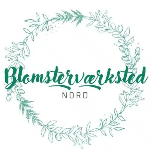 Logo for Blomsterworksted Nord: green cursive brand name encircled by a circular botanical wreath.